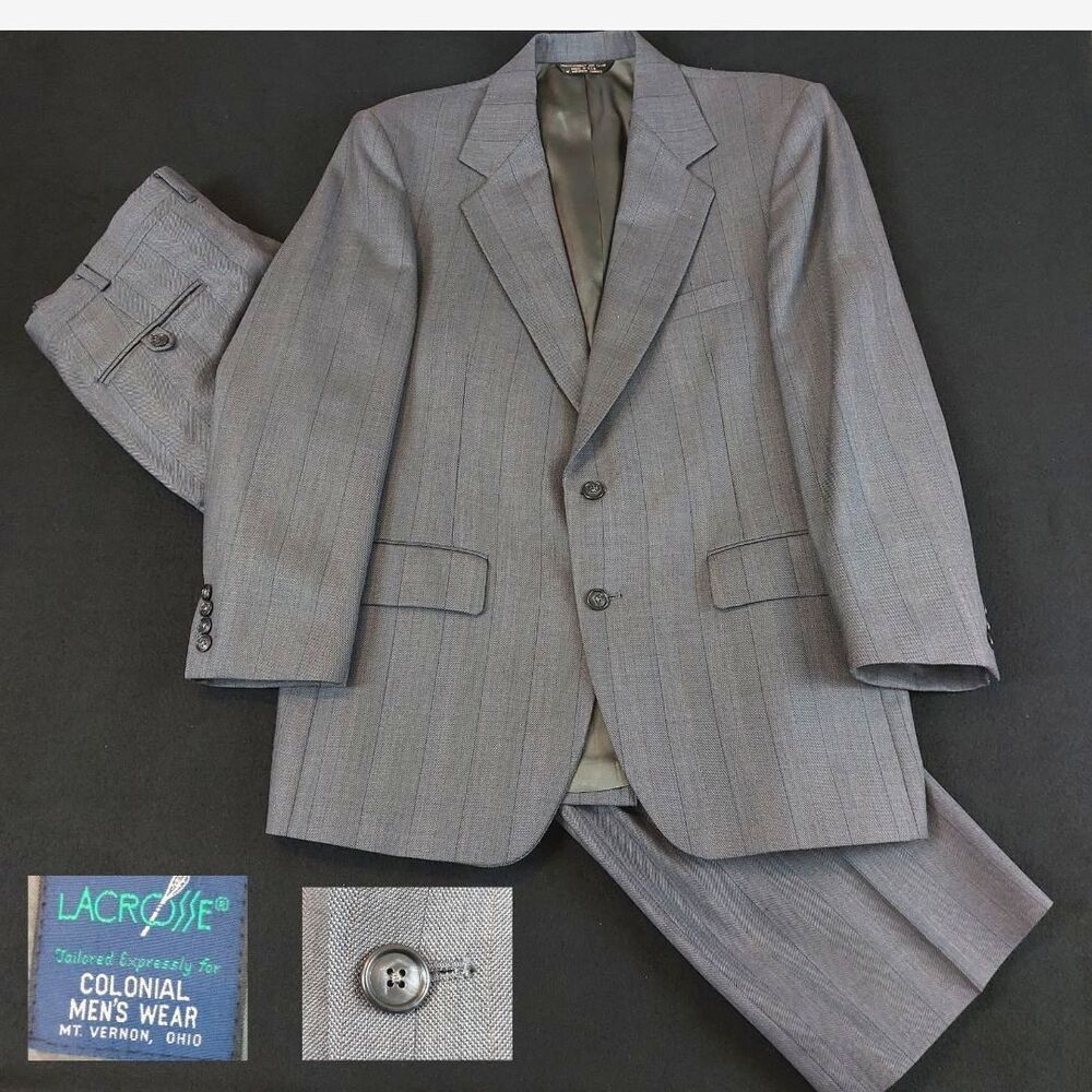 VTG LaCrosse Pin Stripe 2 Piece Wool Suit Men's 40R Charcoal Gray Pleated Pants
